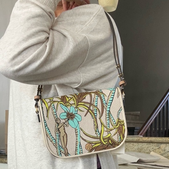 New Tory burch EMERSON PRINTED CANVAS CROSSBODY CREAM BROWN CLIMBING PALMS - Picture 7 of 8